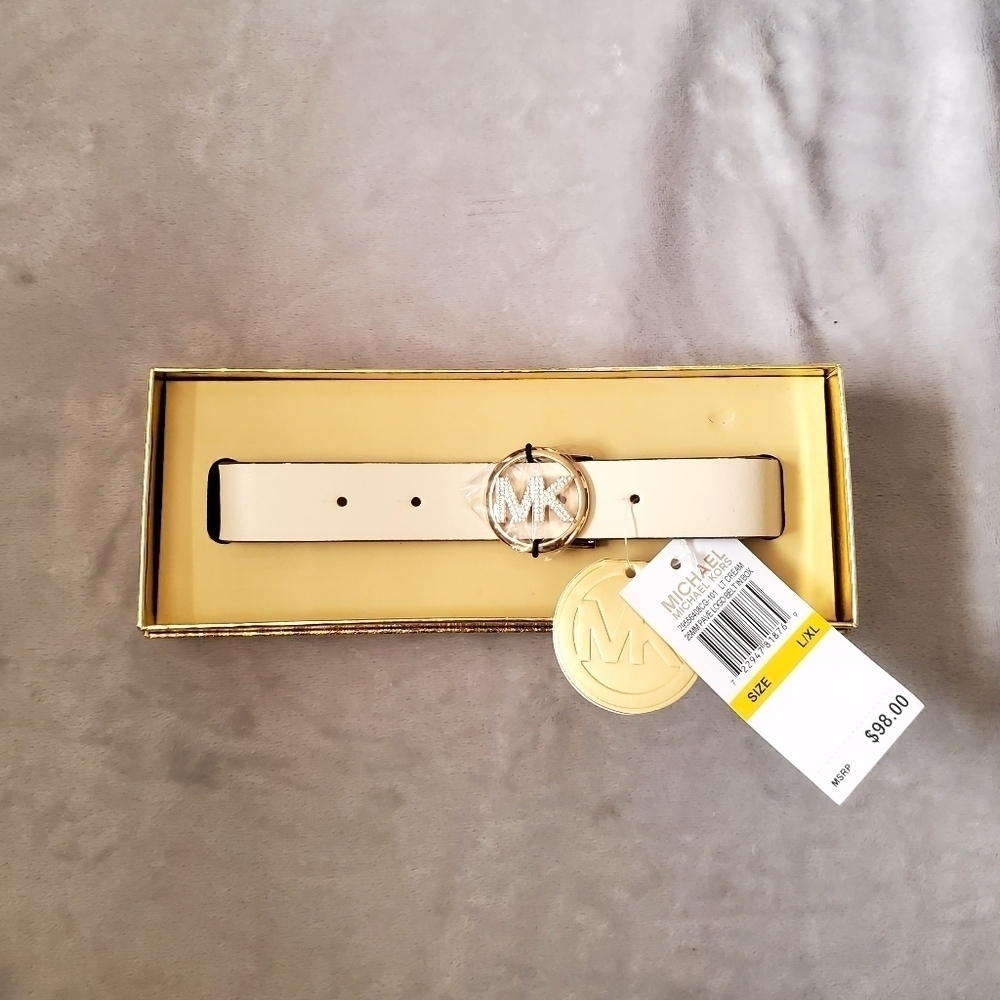 Michael Kors White Leather Belt Gold Hardwear Gift Box Size L/XL NWT